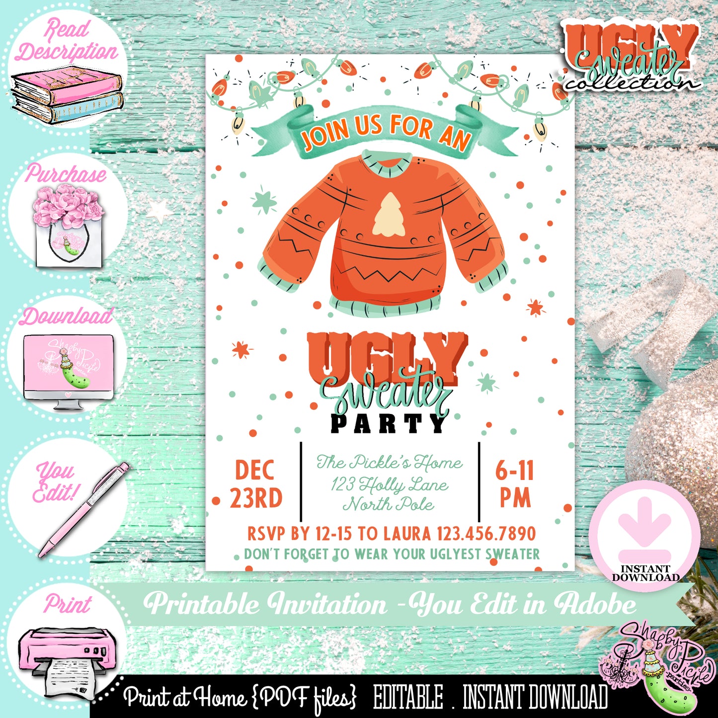 Ugly Sweater-Editable 5x7 Invitation-Christmas Party Invites-You Edit-Printable-Christmas Party-Computer & Adobe Needed-INSTANT DOWNLOAD