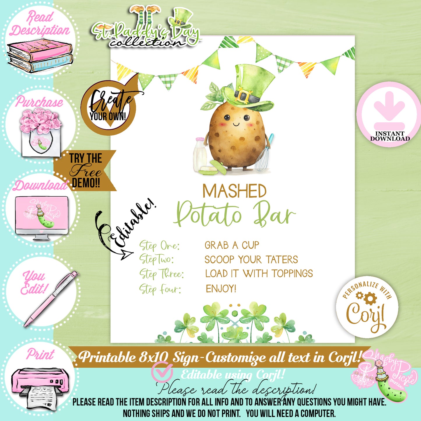 St. Paddy's Day-Mashed Potato Bar Sign-All Text Editable in Corjl-St. Patrick's Day Theme-Party Printable-Digital-INSTANT DOWNLOAD