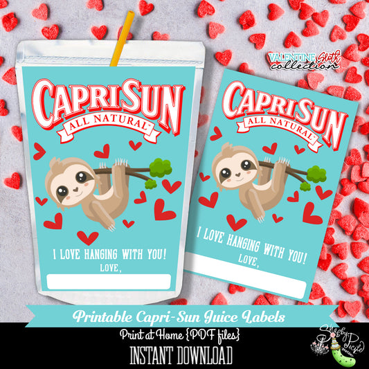 Valentines Day-Blue Sloth-Capri Sun Label-Class Treat-Class Room Party-Valentine's Day-Favor-Holiday-Printables-Digital-NSTANT DOWNLOAD