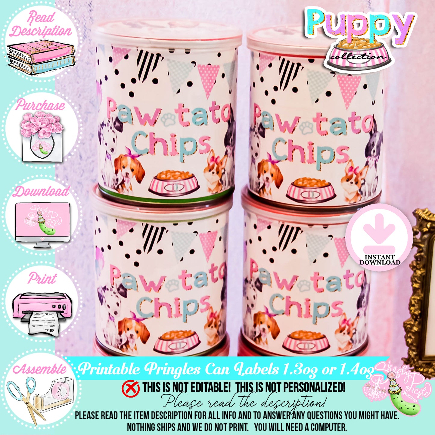 Puppy Pawty-Pringles Can Labels-1.3 or 1.4oz Pringles Can Wrapper-Party Favor Label-Chip Label-Puppy Party-Birthday-Digital-INSTANT DOWNLOAD