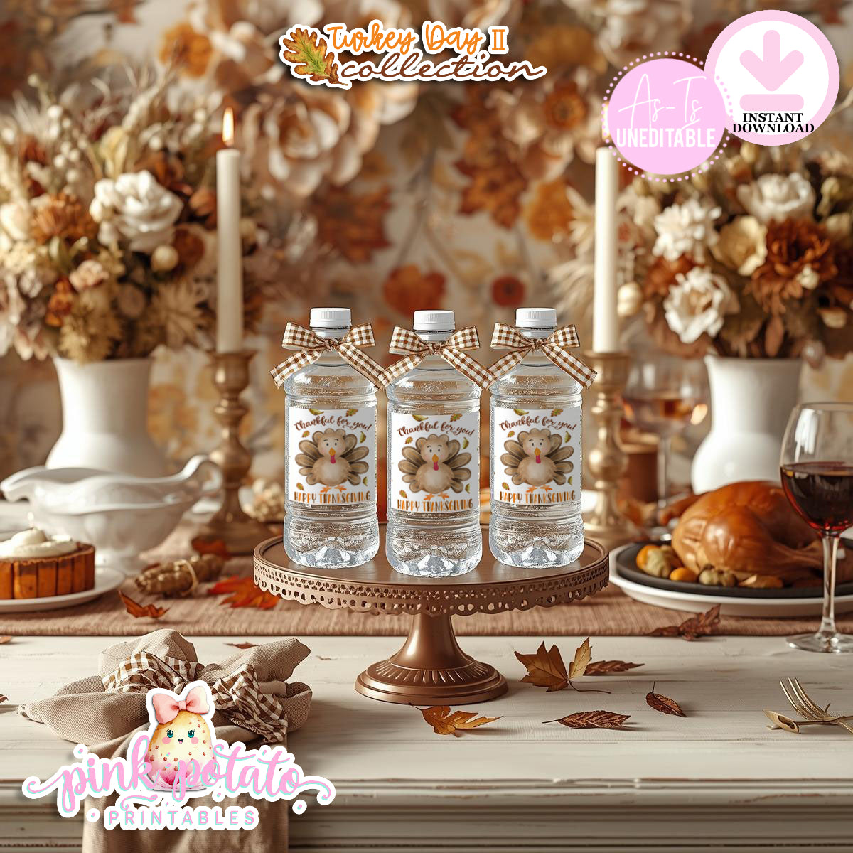 Turkey Day II-Water Bottle Labels-Printable-Thanksgiving Labels-Thanksgiving Dinner-Holiday Party-Pumpkin Pie-INSTANT DOWNLOAD