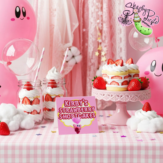 Kirby-PREFILLED Buffet Cards-18 Cards-Kirby Party Theme-INSTANT DOWNLOAD