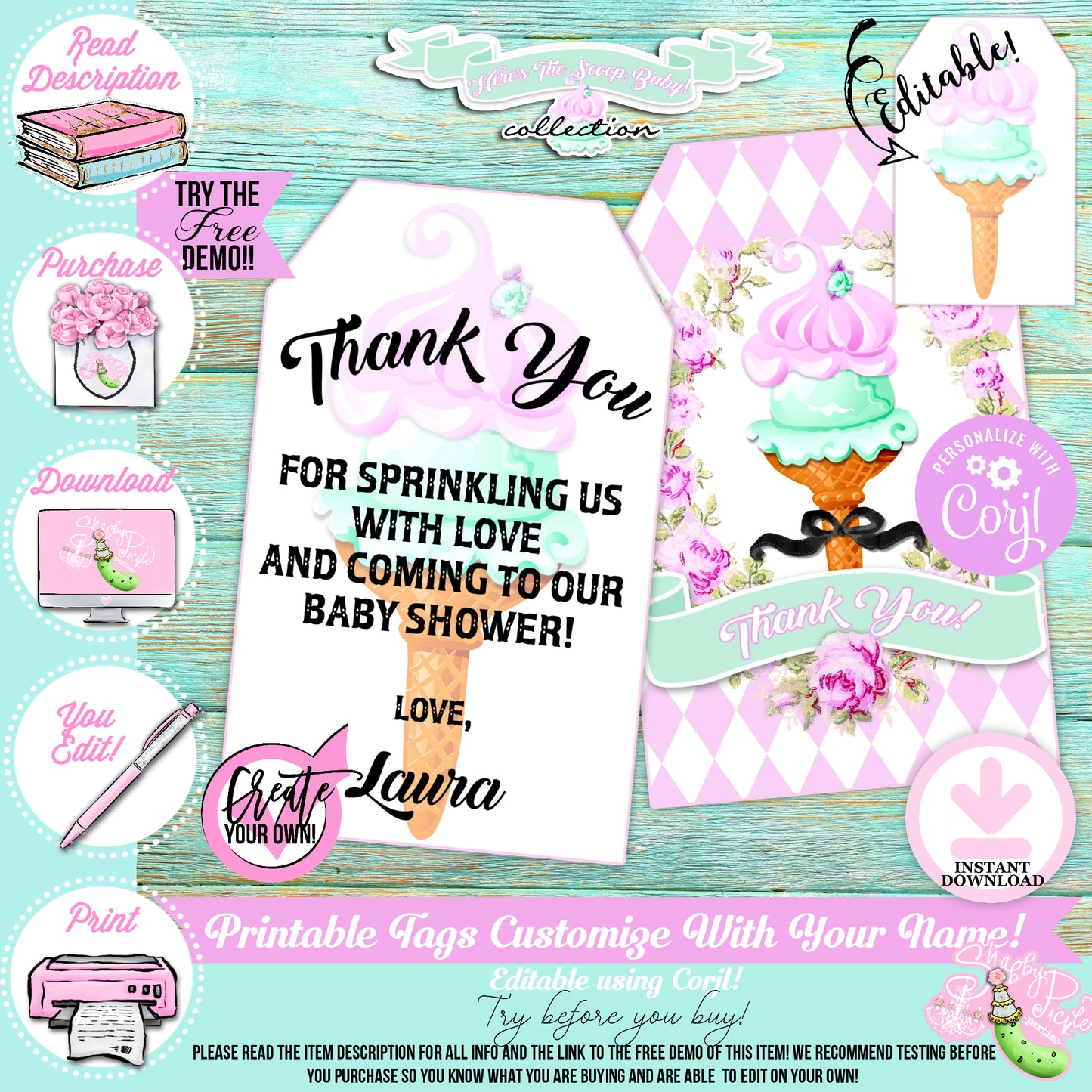 Here's The Scoop, Baby-Favor Tags-Customize in Corjl-Ice Cream Baby Shower-Thank You Tags-Create Your Own-Edit-Digital-INSTANT DOWNLOAD