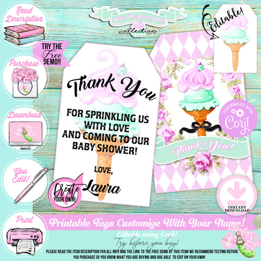 Here's The Scoop, Baby-Favor Tags-Customize in Corjl-Ice Cream Baby Shower-Thank You Tags-Create Your Own-Edit-Digital-INSTANT DOWNLOAD