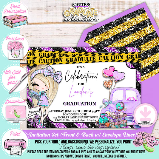 Caution Glam Graduate-Lilac Glam Grad-We PERSONALIZE-Graduation Invitations-Pick Your Girl-High School-8th Grade-Class of-PRINTABLE