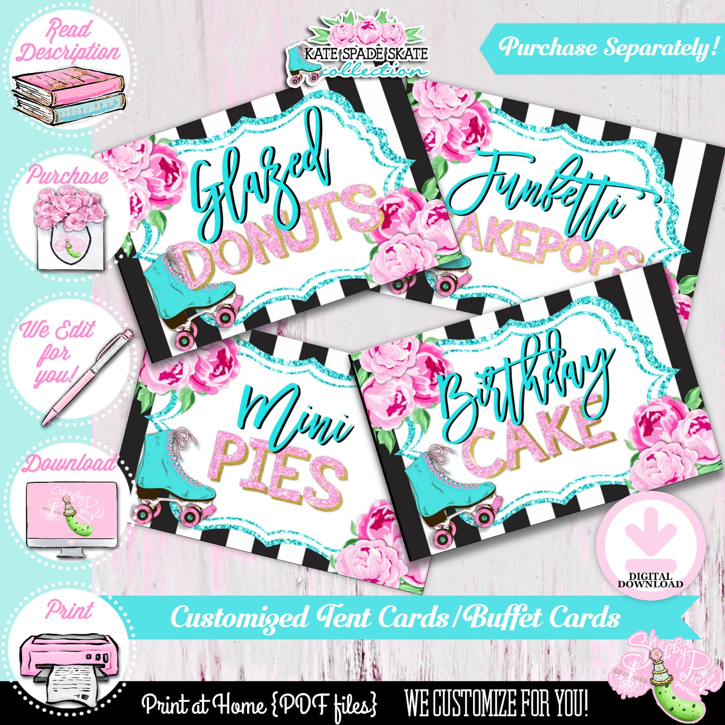 Kate Spade Skate-Birthday-Buffet Cards-We Customize-Tent Cards-Roller Skate Party-Skater-Girls Skate Party-Templates-DIGITAL DOWNLOAD