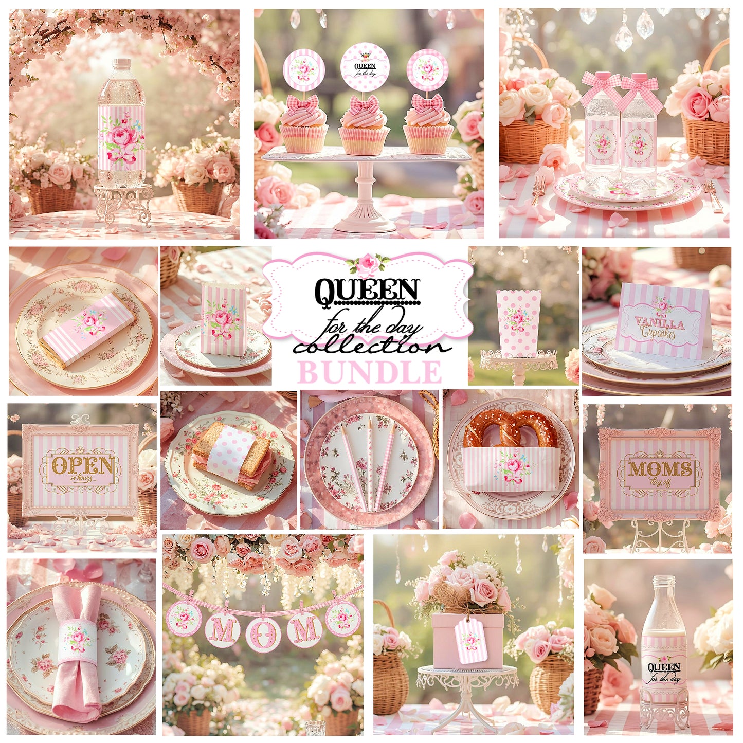 Queen For The Day-FULL Party Printable-Plain & Theme-Mothers Day-Birthday-Mom-Shabby Chic-DIY Parties- Party Decorations Decor Print a Party