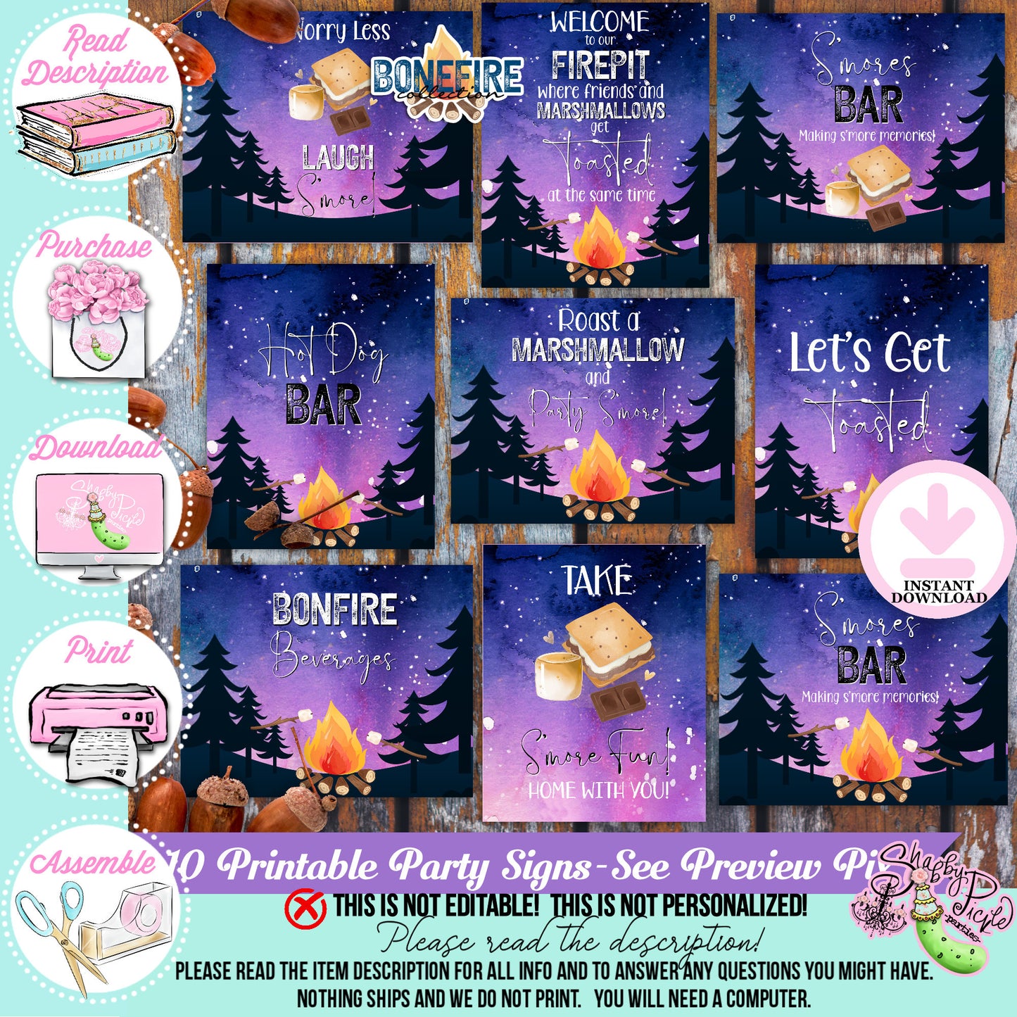 Backyard Bonfire-10 Signs-Firepit-Smores-S'mores-8x10 Signs-Outdoor-Campfire Printable-Digital-INSTANT DOWNLOAD