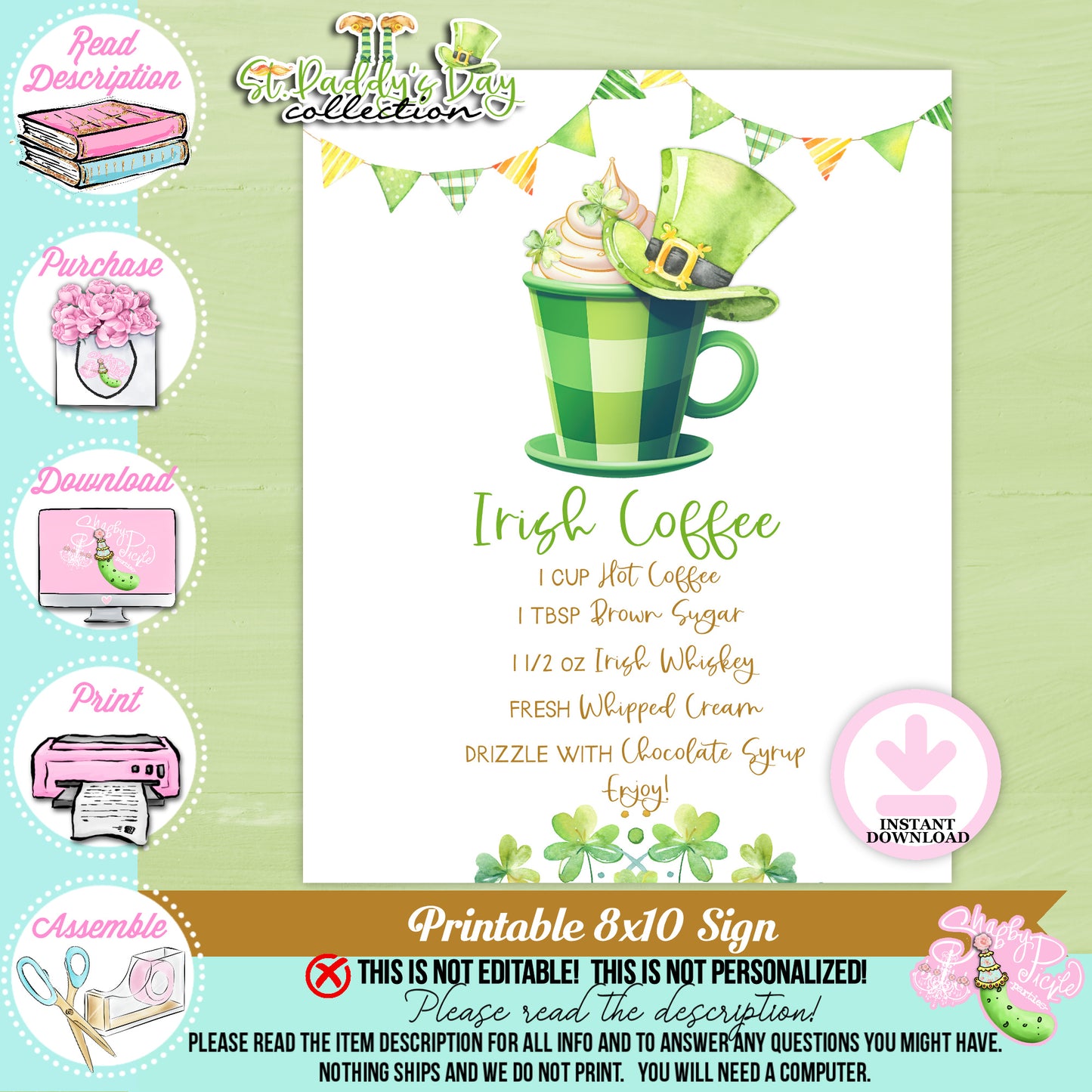 St. Paddy's Day-Irish Coffee Sign-Coffee Bar-Coffee Sign-St. Patrick's Day Theme-Party Printable-Digital-INSTANT DOWNLOAD