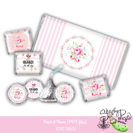 Queen for the Day-Candy Kisses & Chocolate Bar Wraps-Plain and Theme-Party Printable-Birthday-Mothers Day-Shabby Chic Parties-Decorations