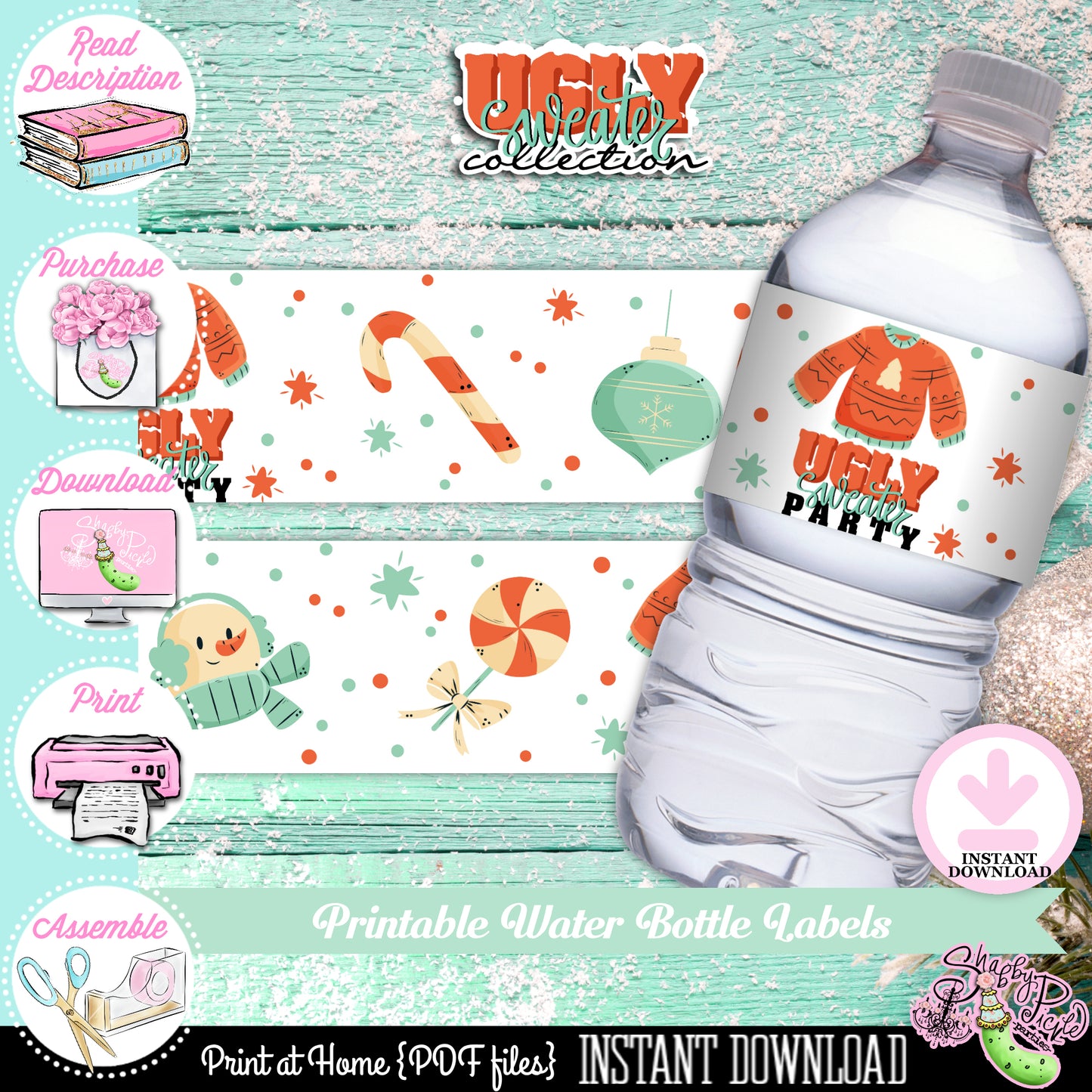 Ugly Sweater-Water Bottle Labels-Waterbottle-Printable-Ugly Sweater Party-Christmas Party-Computer Needed-INSTANT DOWNLOAD