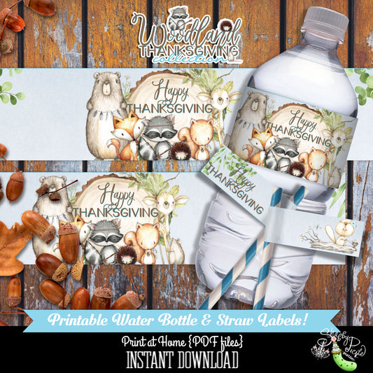 Woodland Thanksgiving-Water Bottle Labels-Printable-Straw Flags-Thanksgiving-Waterbottle Label-Wrappers-Holiday Party-INSTANT DOWNLOAD