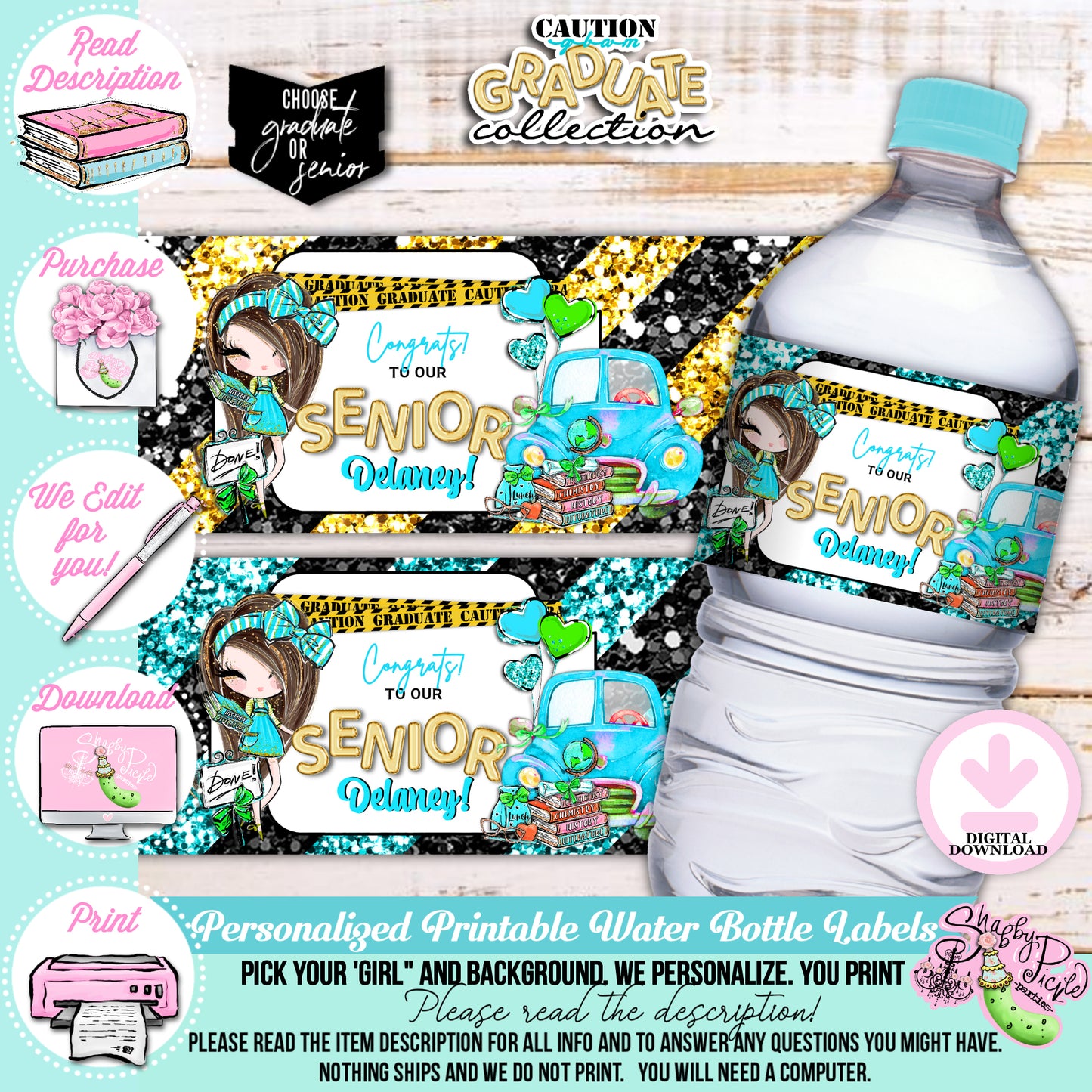 Caution Glam Graduate-Blue Glam Grad-We PERSONALIZE-Water Bottle Labels-Pick Your Girl-Graduation-High School-8th Grade-Class of-PRINTABLE