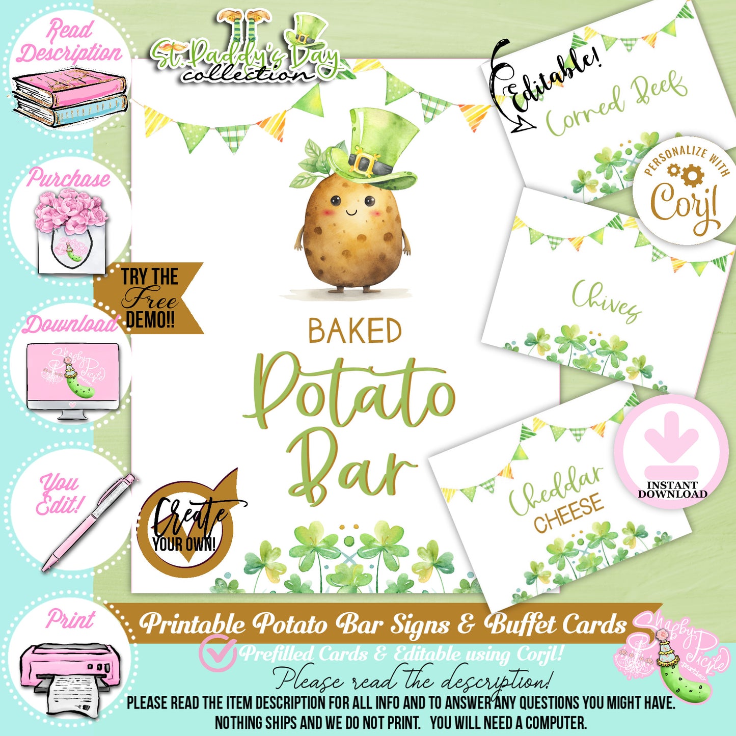 St. Paddy's Day-Baked Potato Bar Sign & Buffet Cards-Edita in Corjl Only-St. Patrick's Day Theme-Party Printable-Digital-INSTANT DOWNLOAD