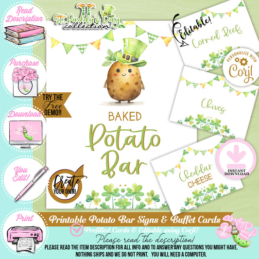 St. Paddy's Day-Baked Potato Bar Sign & Buffet Cards-Edita in Corjl Only-St. Patrick's Day Theme-Party Printable-Digital-INSTANT DOWNLOAD