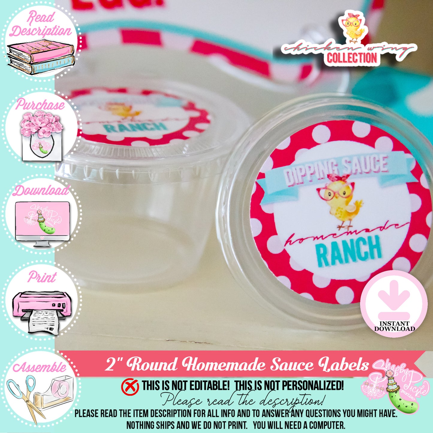 Chicks Night-Fresh Ranch Round Labels-Cute Chick-Sauce Container Labels-Chicken Wing-Chick Theme-Soda Bar Party Printable-INSTANT DOWNLOAD