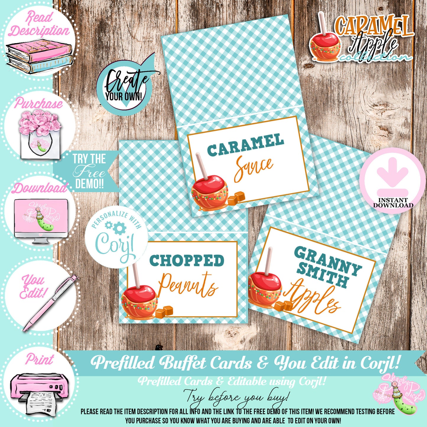 Caramel Apple-Caramel Apple Bar Buffet Cards-You Customize in Corjl-Toffee Apple-Caramel Apple Bar-Tent Cards-Digital-INSTANT DOWNLOAD