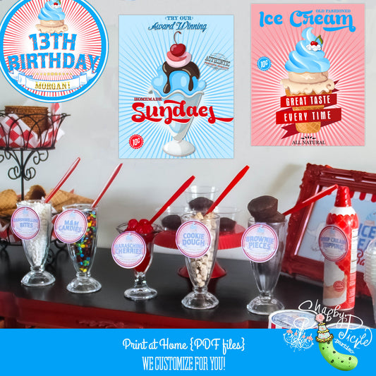 Ice Cream Shoppe Party-8 Signs-Custom Name and Age-Birthday-Customize-Personalize-Download-Retro Ice Cream Shop-Printable-DIGITAL DOWNLOAD