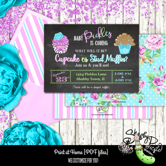 Gender Reveal-Cupcake or Stud Muffin-Invitation-Announcement-Baby Shower-Envelope Liner-Print at Home-Printable Invites-DIGITAL DOWNLOAD