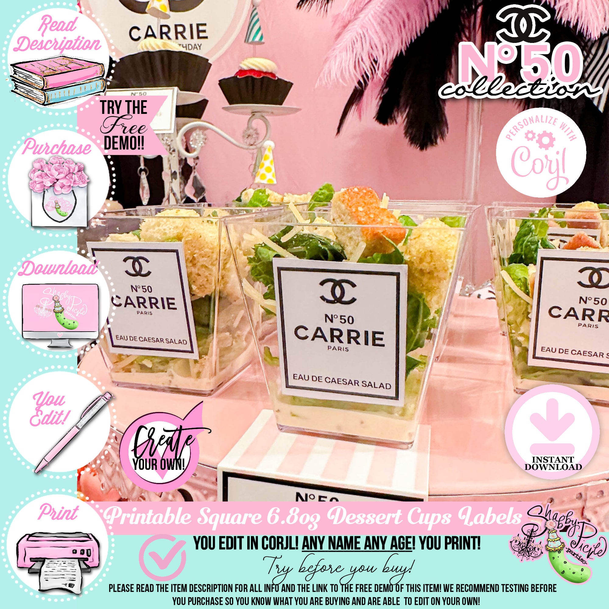 Chanel No50-6.8oz Dessert Cup Labels-ANY AGE!-Editable in Corjl