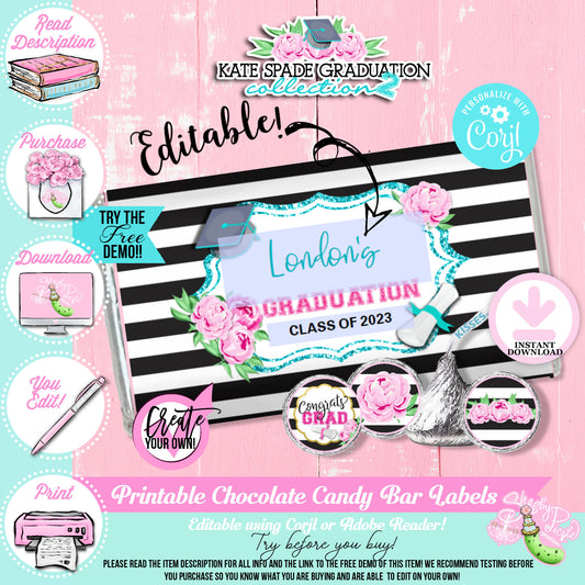 Kate Spade (2) Inspired Chocolate Bar Wrappers-Candy Bar Label-Edit in Corjl-Favors-Graduation Party-Graduation-Printable-INSTANT DOWNLOAD