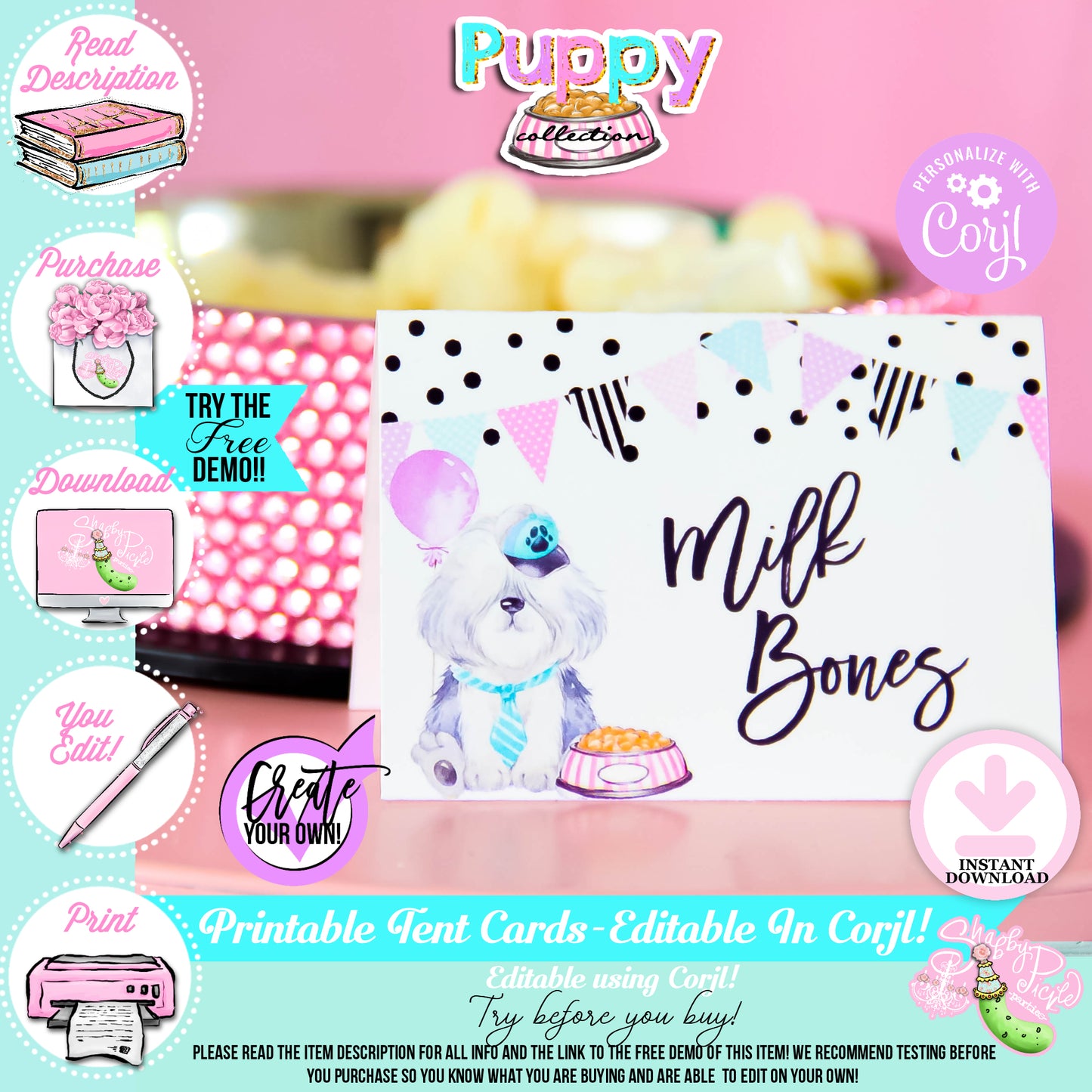 Puppy Pawty-Buffet Cards-Prefilled & Edit in Corjl-Tent Cards-Place Cards-Editable-Puppy Party-Birthday-Personalize-Digital-INSTANT DOWNLOAD