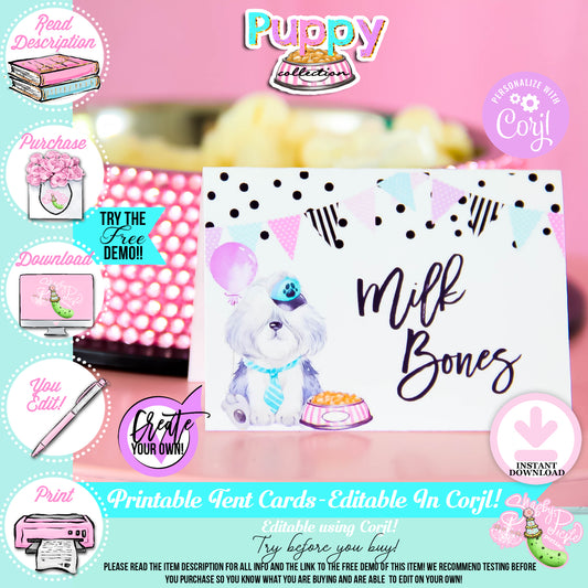 Puppy Pawty-Buffet Cards-Prefilled & Edit in Corjl-Tent Cards-Place Cards-Editable-Puppy Party-Birthday-Personalize-Digital-INSTANT DOWNLOAD