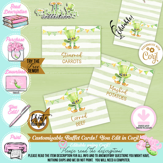 St. Paddy's Day-Buffet Cards-Edit in Corjl Only-St. Patrick's Day Theme-Party Printable-Digital-INSTANT DOWNLOAD