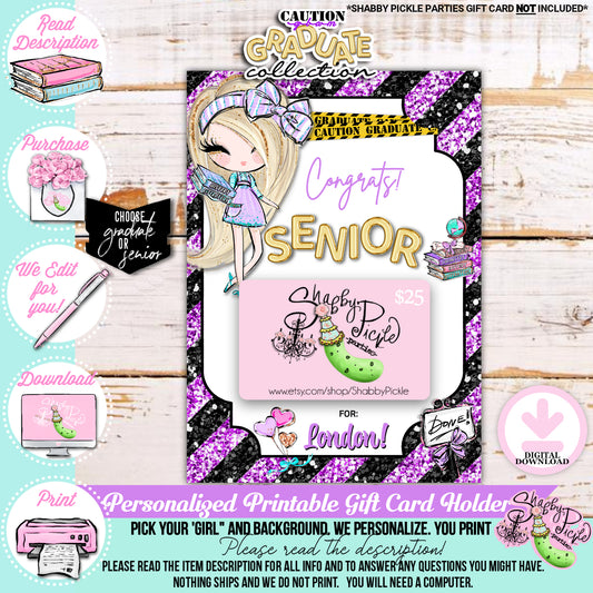 Caution Glam Graduate-Lilac Glam Grad-We PERSONALIZE-Gift Card Holder-Pick Your Girl-Graduation-High School-8th Grade-Class of-PRINTABLE