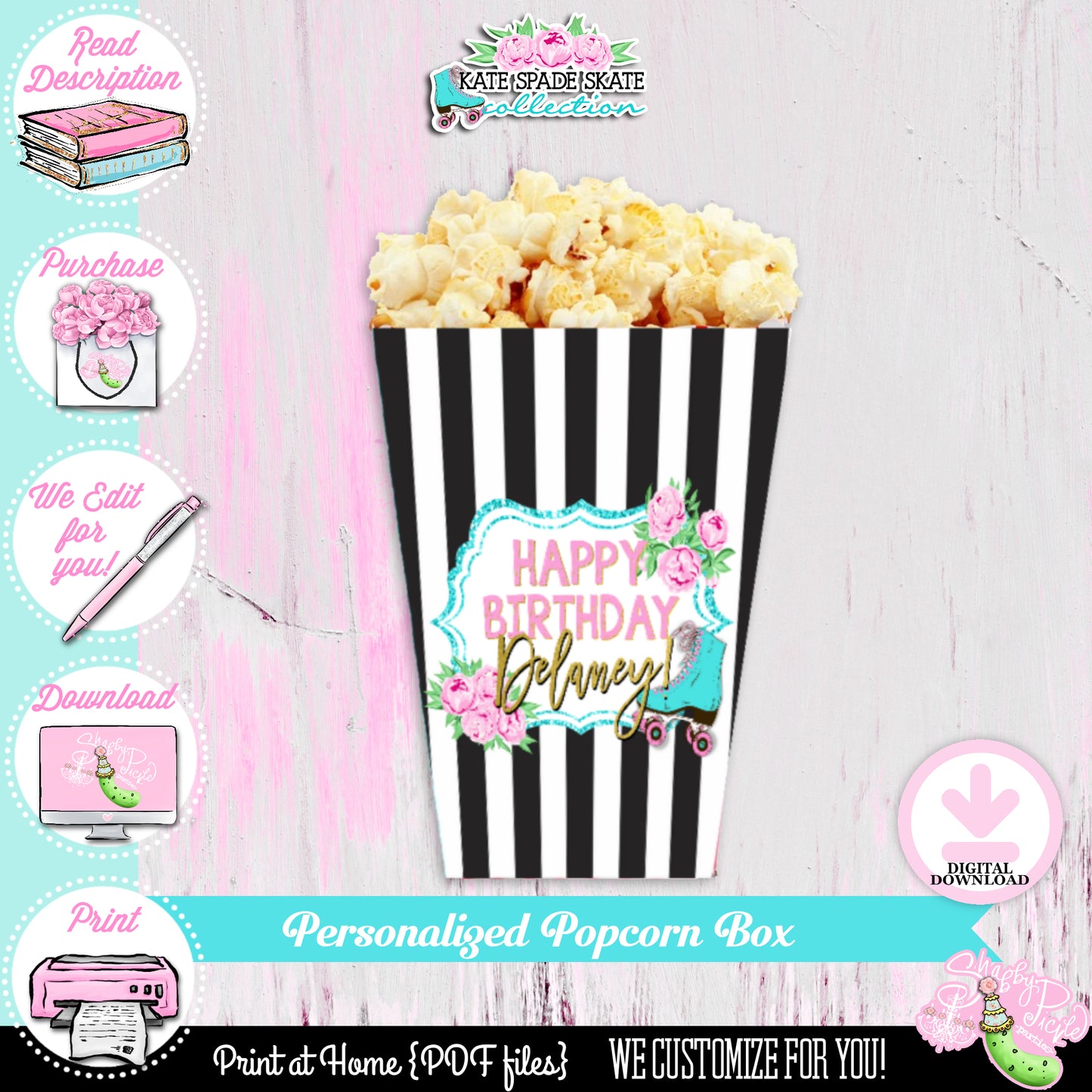 Kate Spade Skate-Birthday-Popcorn Box-Favor Box-We Customize-Roller Skate Party-Skater-Girls Skate Party-Template-DIGITAL DOWNLOAD