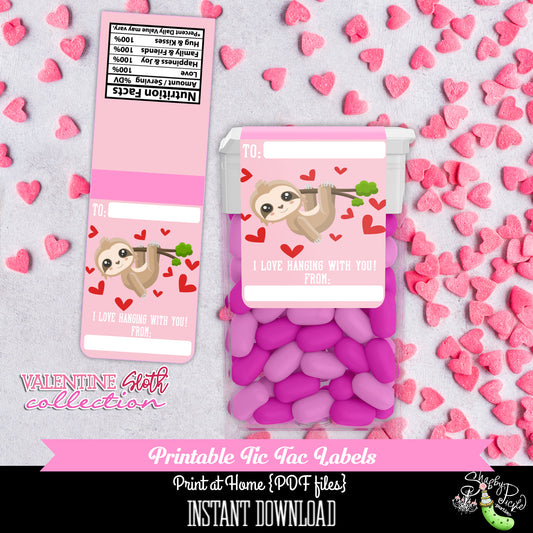 Valentines Day-Pink Sloth-Tic Tac Wrappers-Labels-Class Treat-Class Room Party-Valentine's Day-Favor-Holiday-Printables-INSTANT DOWNLOAD