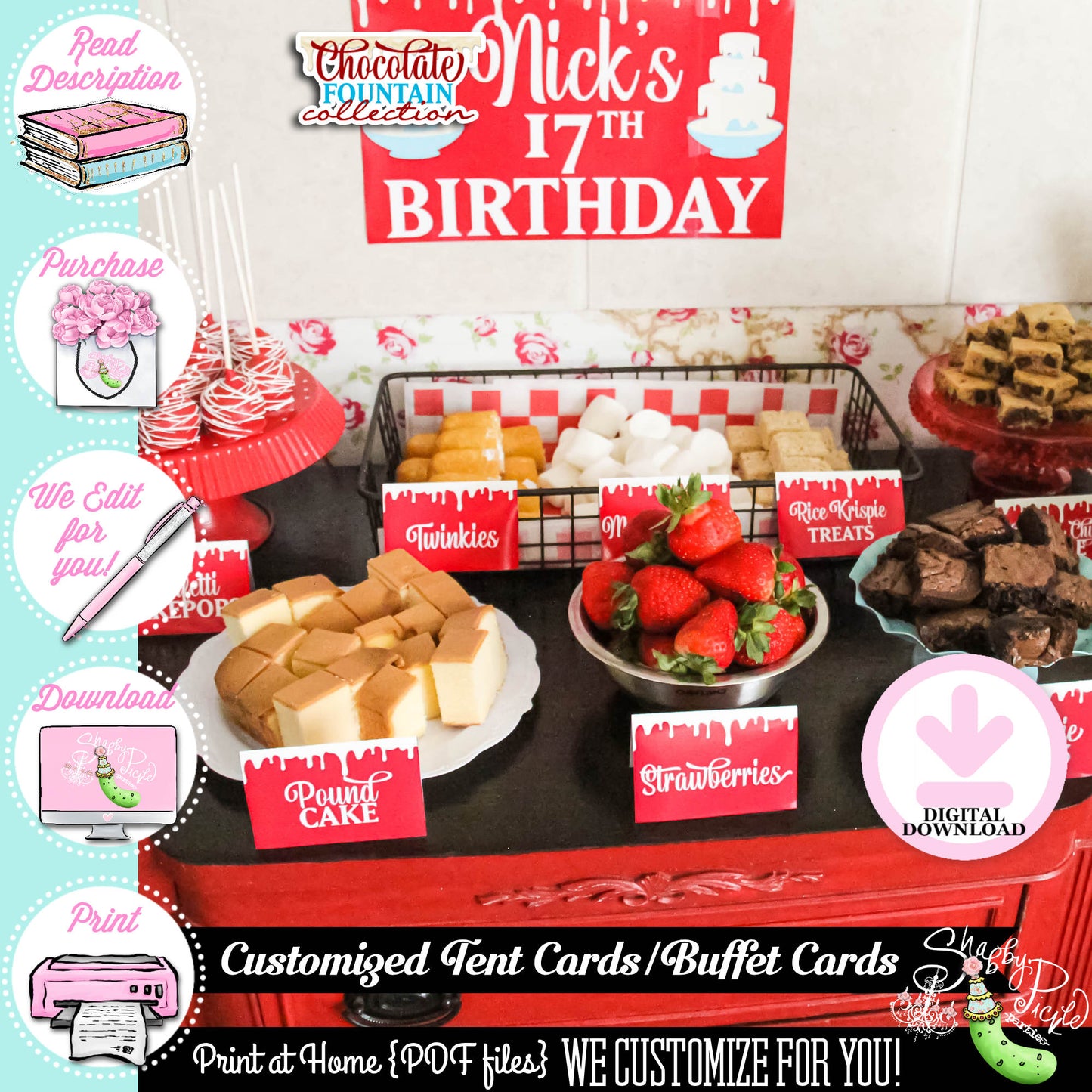 Chocolate Fountian Birthday-Buffet Cards-Tent Cards-Place Cards-Food Items-We Customize-Dessert Table-Printable-DIGITAL DOWNLOAD