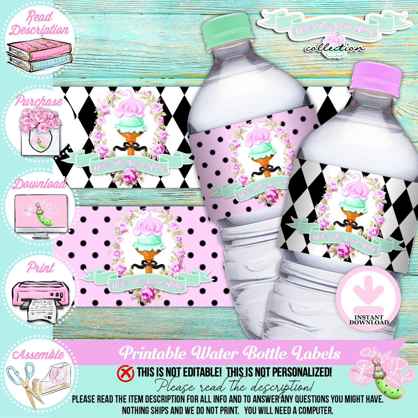 Here's The Scoop, Baby-Water Bottle Labels-Ice Cream Baby Shower-Water Bottle Wrappers-Waterbottle Stickers-Digital-INSTANT DOWNLOAD