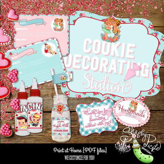 Vintage Valentine Theme-Cookie Decorating Party-EDITABLE-Personalize-Recipe Cards-Party Printables-Parties-Signs-Milk & Cookies-Icing Wraps