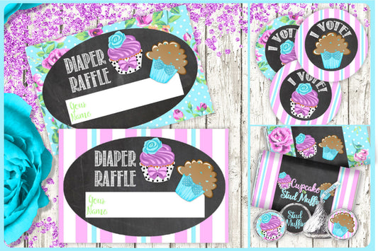 Gender Reveal-Cupcake or Stud Muffin-Candy Kiss Labels-Diaper Raffle-Vote Tags-Party Printable-New Baby-Baby Shower-INSTANT DOWNLOAD