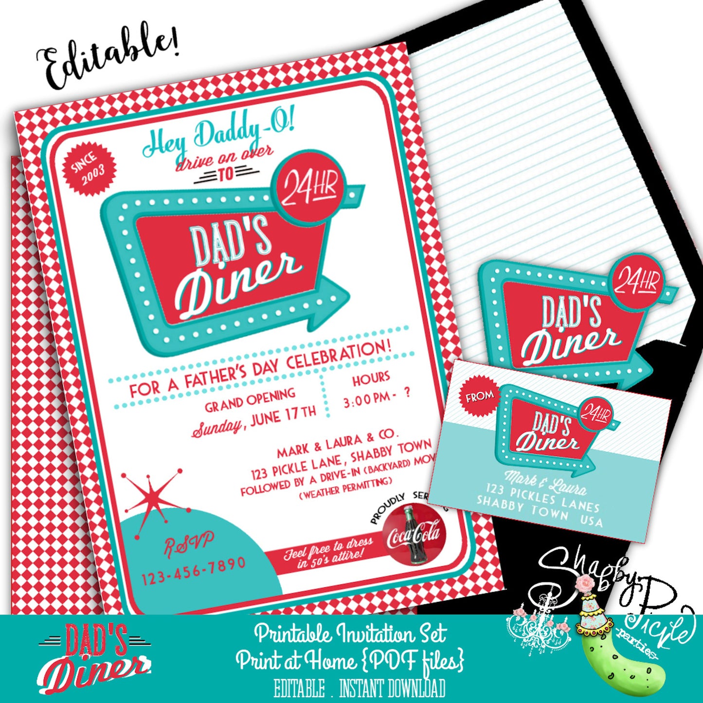 Dad's Diner Invitation-Retro Father's Day-Invitations-Invites-Fathers-Father-Dad-50's Diner-1950s-Return Address Labels-INSTANT DOWNLOAD