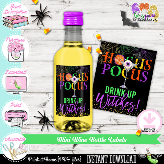 Hocus Pocus Drink Up Witches Mini Wine Bottle Labels-Printable-Halloween Favors-Halloween Party-Birthday-Holiday-Digital-INSTANT DOWNLOAD