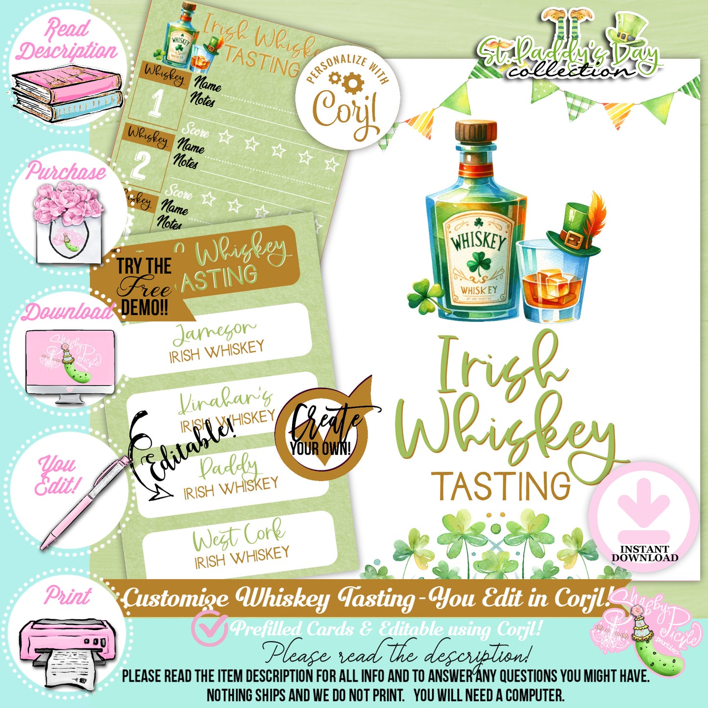 St. Paddy's Day-Whiskey Tasting-Irish Whiskey Bar-Edit in Corjl Only-St. Patrick's Day Theme-Party Printable-Digital-INSTANT DOWNLOAD