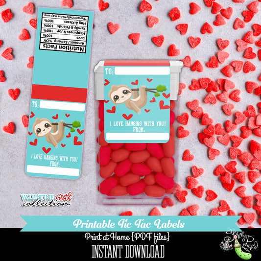 Valentines Day-Blue Sloth-Tic Tac Wrappers-Labels-Class Treat-Class Room Party-Valentine's Day-Favor-Holiday-Printables-INSTANT DOWNLOAD