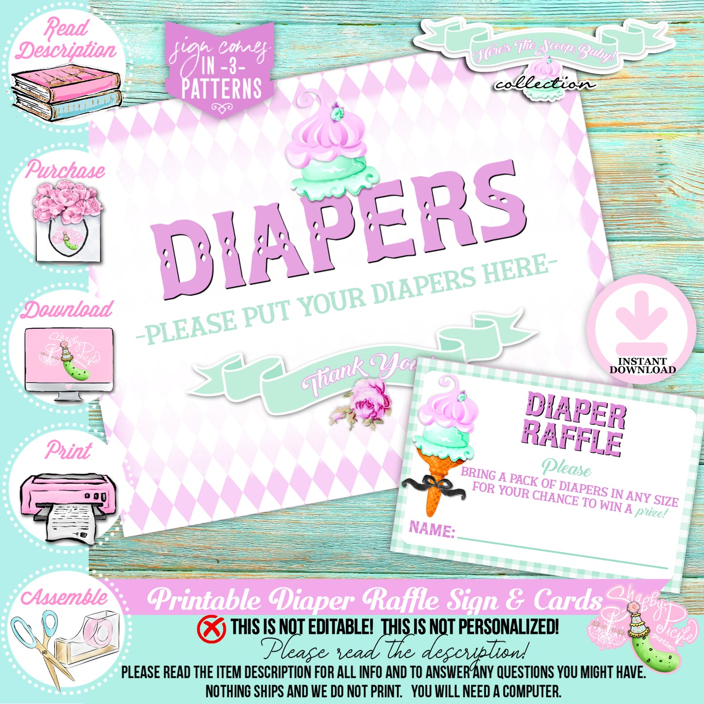 Here's The Scoop-Diaper Raffle Sign and Insert Cards-Ice Cream Baby Shower-Signs-Ice Cream Party Sign-Baby Shower-Digital-INSTANT DOWNLOAD