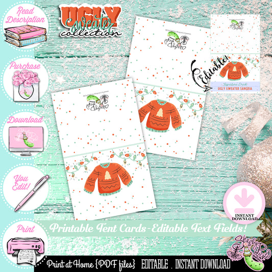 Ugly Sweater-Editable Tent Cards-Buffet Cards-Place Cards-You Edit-Printable-Christmas Party-Computer Needed-INSTANT DOWNLOAD