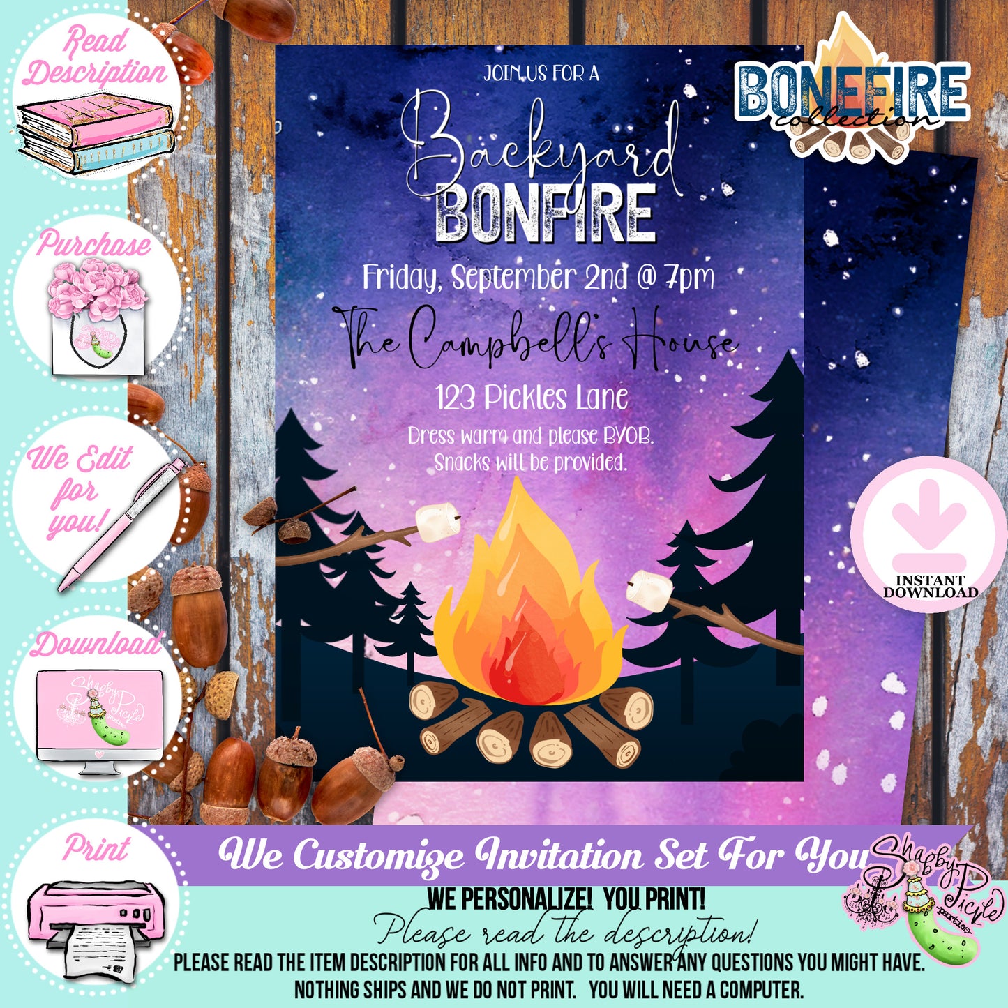 Backyard Bonfire-Invitations-We Personalize-Firepit-Smores-S'mores-Invite-Outdoor-Bonfire Invitation-Campfire Printable-DIGITAL DOWNLOAD