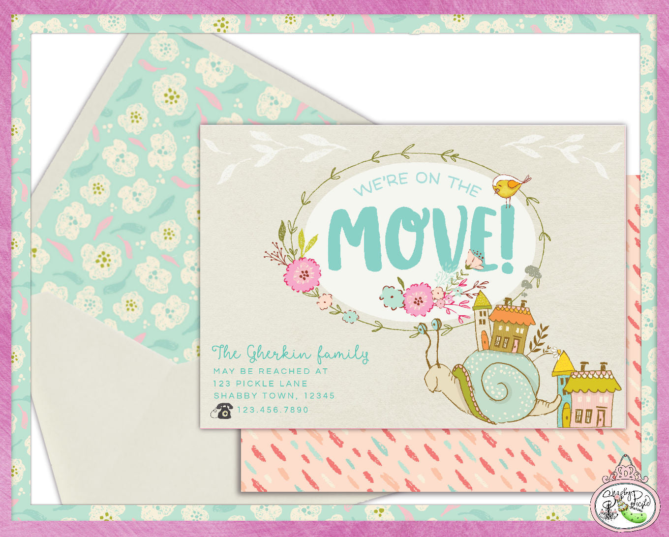 On The Move-EDITABLE We're Moving Snail Cards-New Address Cards-New House-Announcement-Envelope Liner-Print at Home-Printable Invites