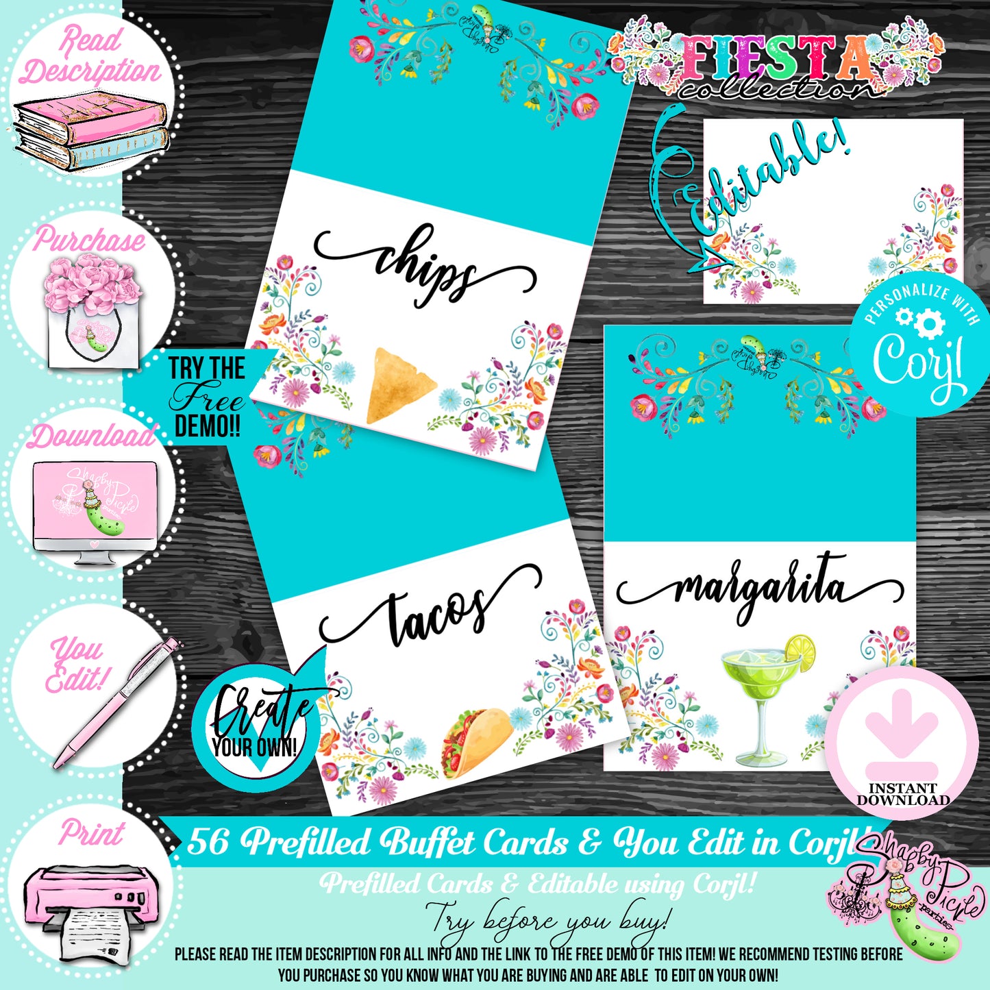 Fiesta-Buffet Cards-56 Prefilled Cards-Edit in Corjl-Tent Cards-Cinco De Mayo-Taco Bar-Celebration-Food Labels-Digital-INSTANT DOWNLOAD