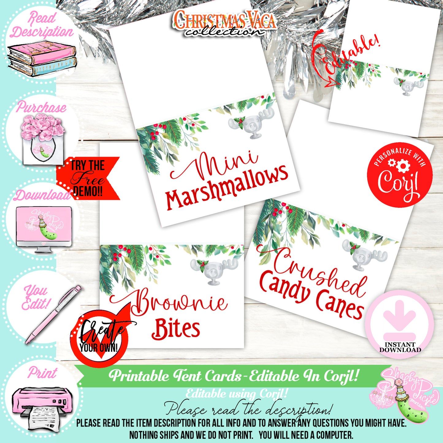 Christmas Vaca-Buffet Tent Cards-Custom Text in Corjl-Tent Cards-Place Cards-Movie-Printable-Party Printable-Digital-INSTANT DOWNLOAD