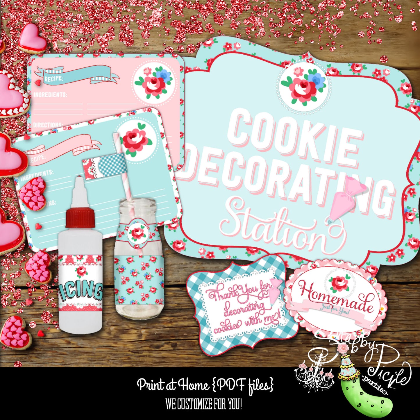 Vintage Valentine Theme-Cookie Decorating Party-EDITABLE-Recipe Cards-Party Printables-Milk and Cookies-Icing Wraps-Tags-Signs-INSTANT DOWNLOAD