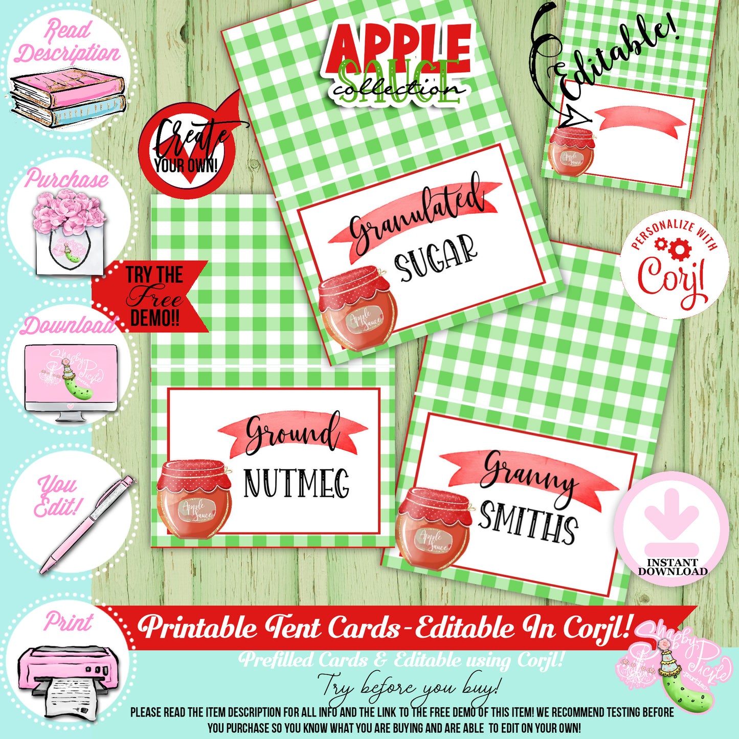 Apple Sauce Green-Apple Sauce Buffet Cards-Prefilled and You Customize in Corjl-Apple-Apple Sauce Bar-Tent Cards-Digital-INSTANT DOWNLOAD