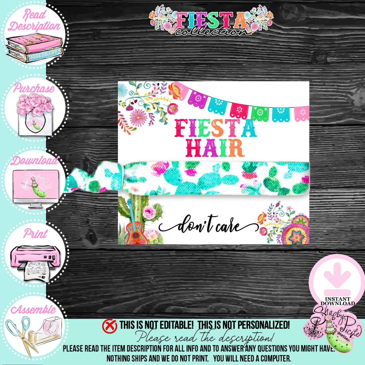 Fiesta-HAIR TIE CARD-Fiesta Hair Don't Care-Hair Tie Holder-Hair Elastic Party Favor-Cinco De Mayo-Taco Tuesday-Margarita Monday-INSTANT DOWNLOAD