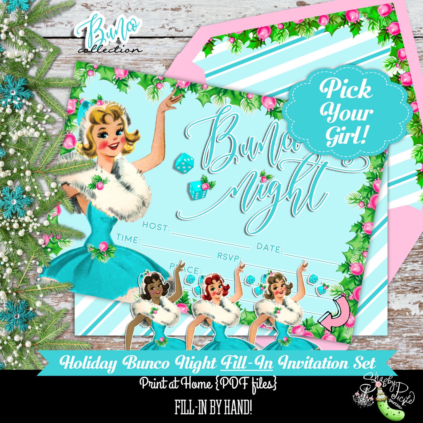 Holiday Bunco-Pick your Girl-Fill In Invitations-Bunco Invitation-Invite-Bunco Night-Retro-Bunco-Bunko-Holiday-Digital-DIGITAL DOWNLOAD