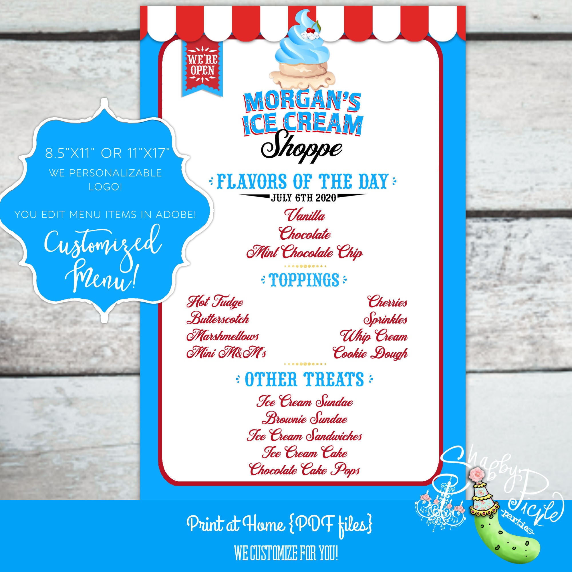 Custom Ice Menu Ice Cream Shoppe Party-Custom Menu-8.5x11 or 11x17 Birthday-Customize ...